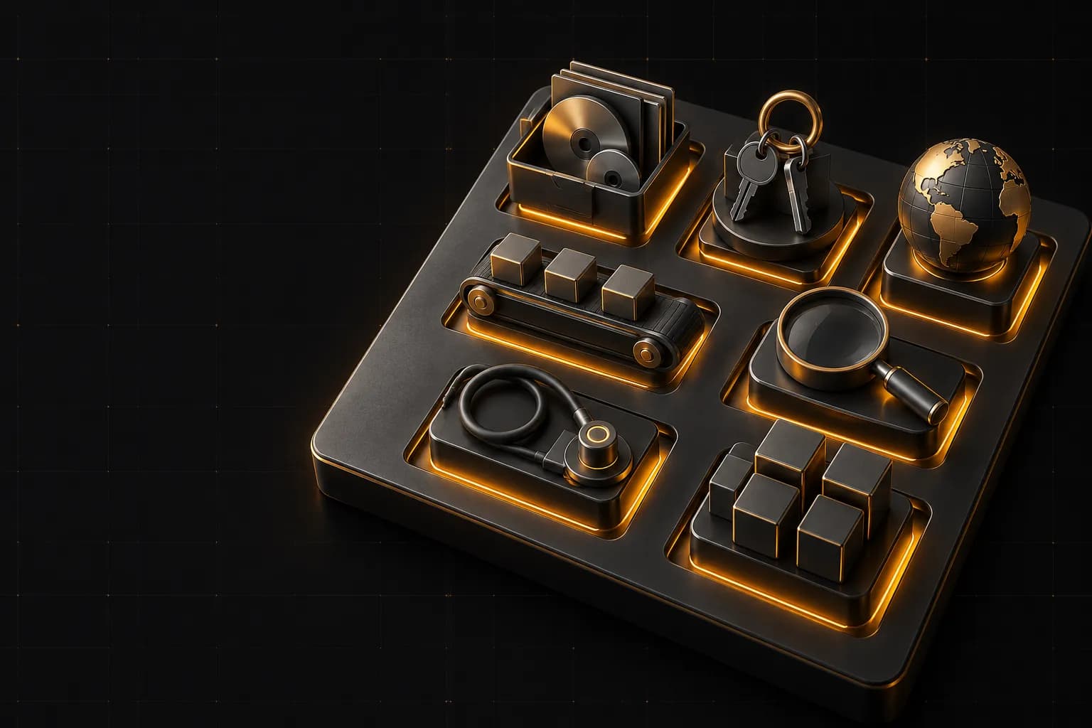 Seven modular blocks for media, permissions, translations, queues, search, debugging and multi-tenancy seated in one base plate