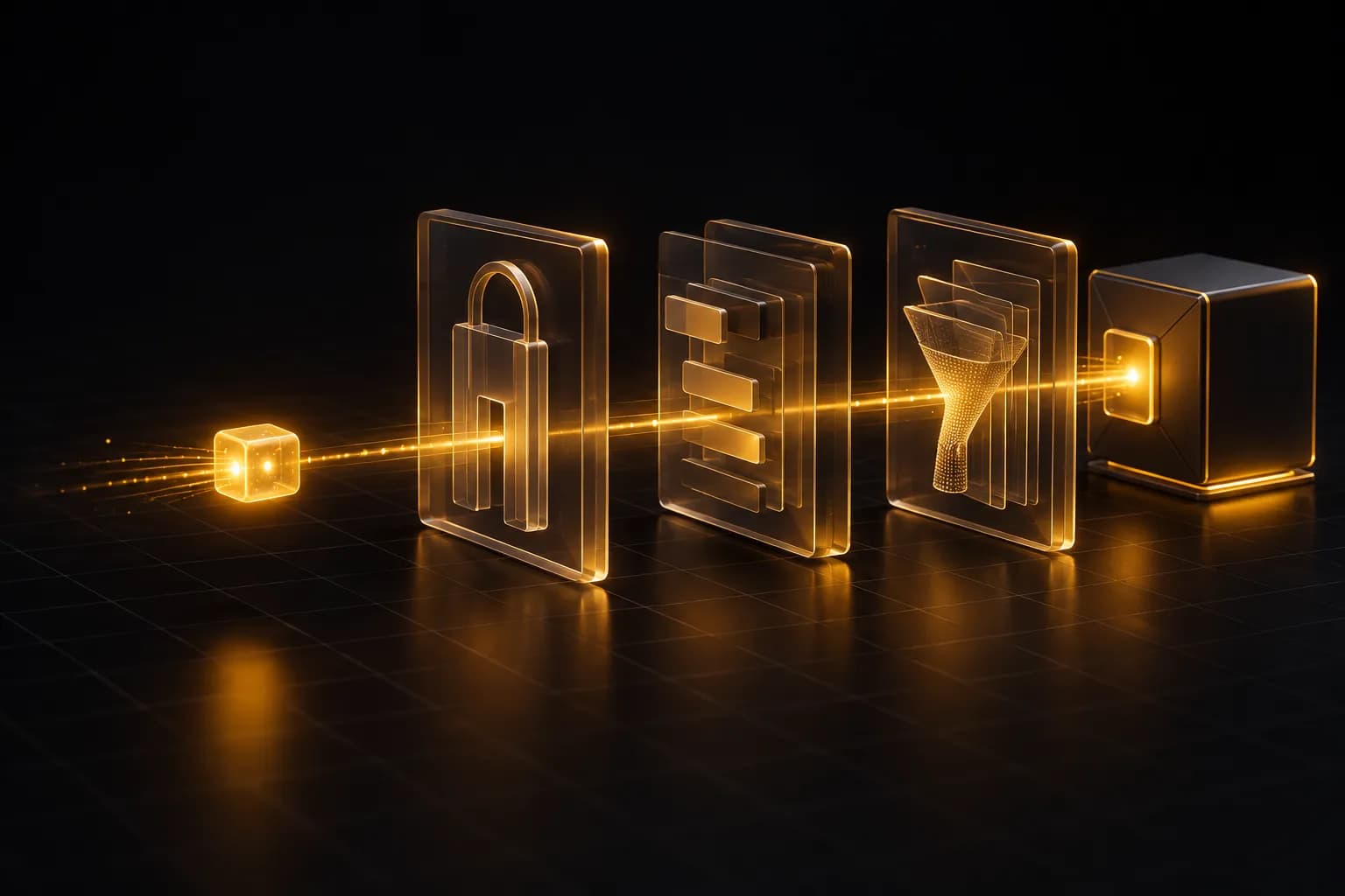 A request packet passing through lock, language and filter gates before reaching the application core