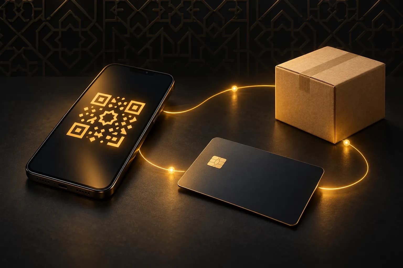 A phone, a bank card and a delivery parcel linked by a payment flow