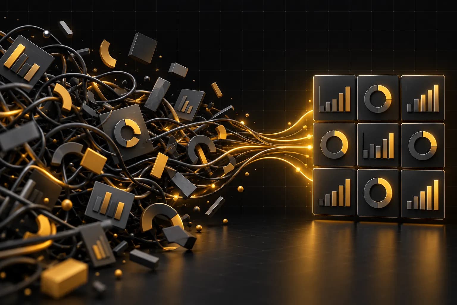 Tangled cables and scattered chart fragments flowing into a tidy grid of modular dashboard cards