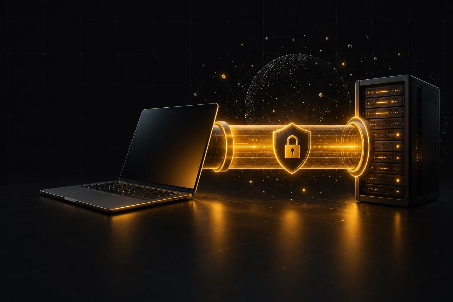A laptop connected to a server through a glowing encrypted tunnel with a padlock