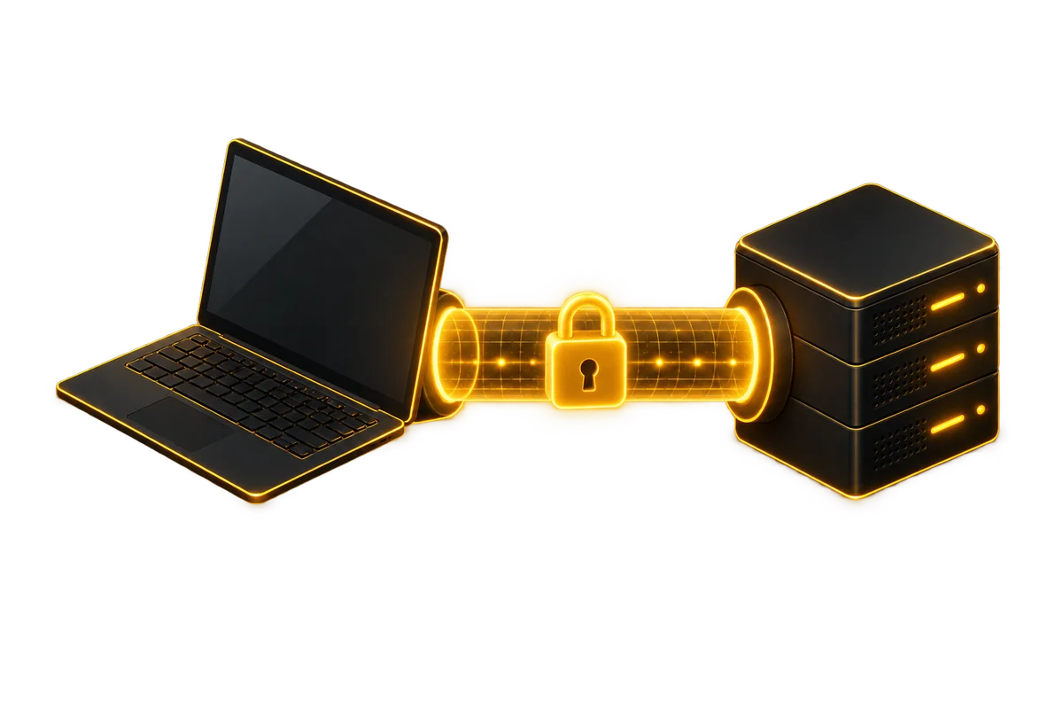 A laptop connected to a server through an encrypted tunnel