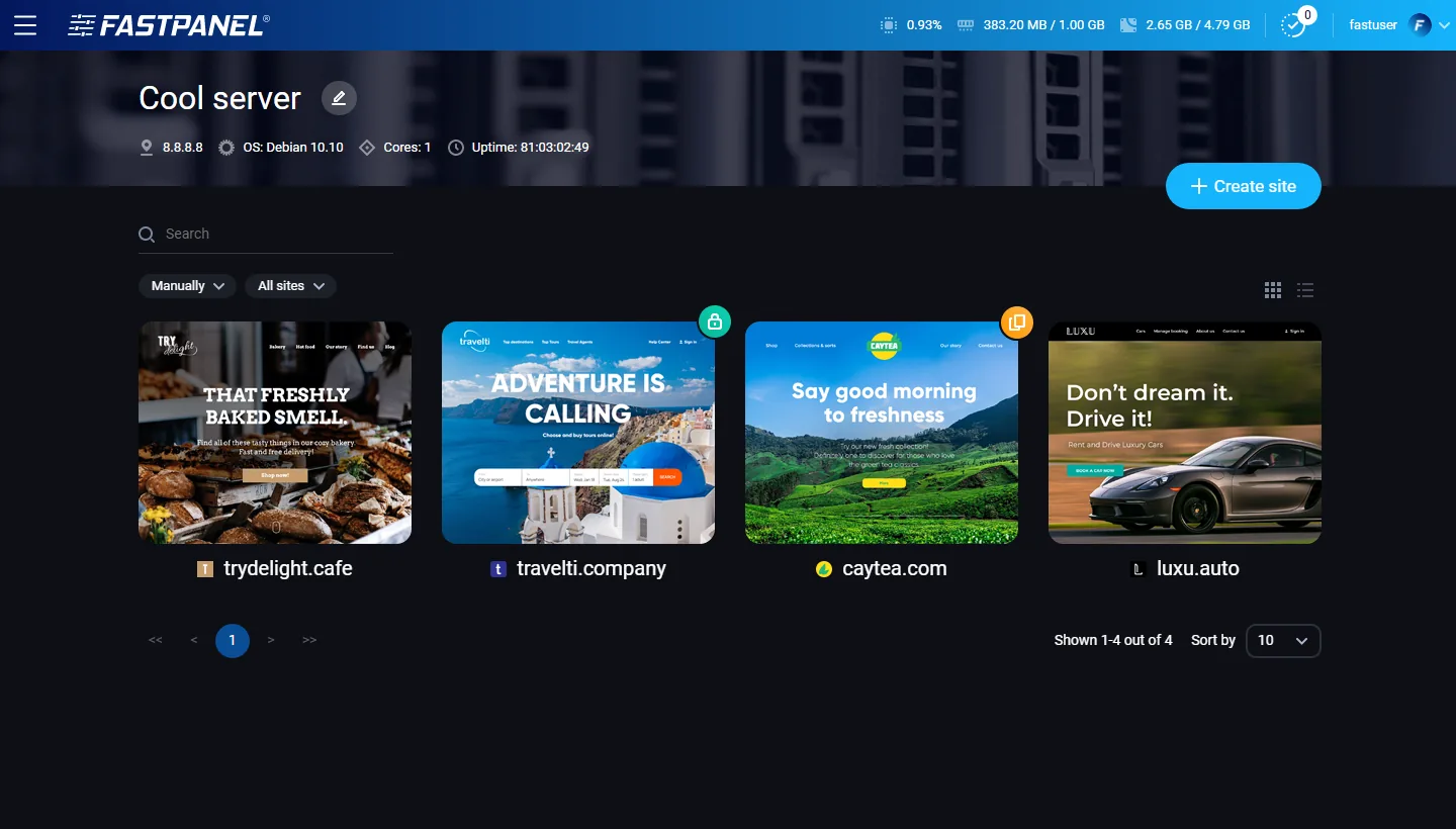 FASTPANEL dashboard: the server's CPU, RAM and disk usage at the top, and a grid of hosted sites