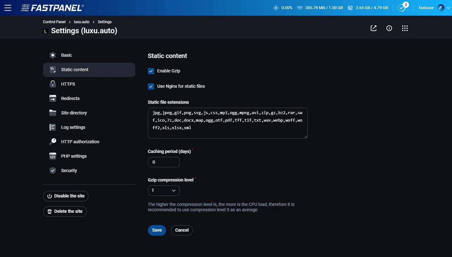 FASTPANEL site settings: Basic, Static content, HTTPS, Redirects, Site directory, Log settings, HTTP authorization, PHP settings and Security