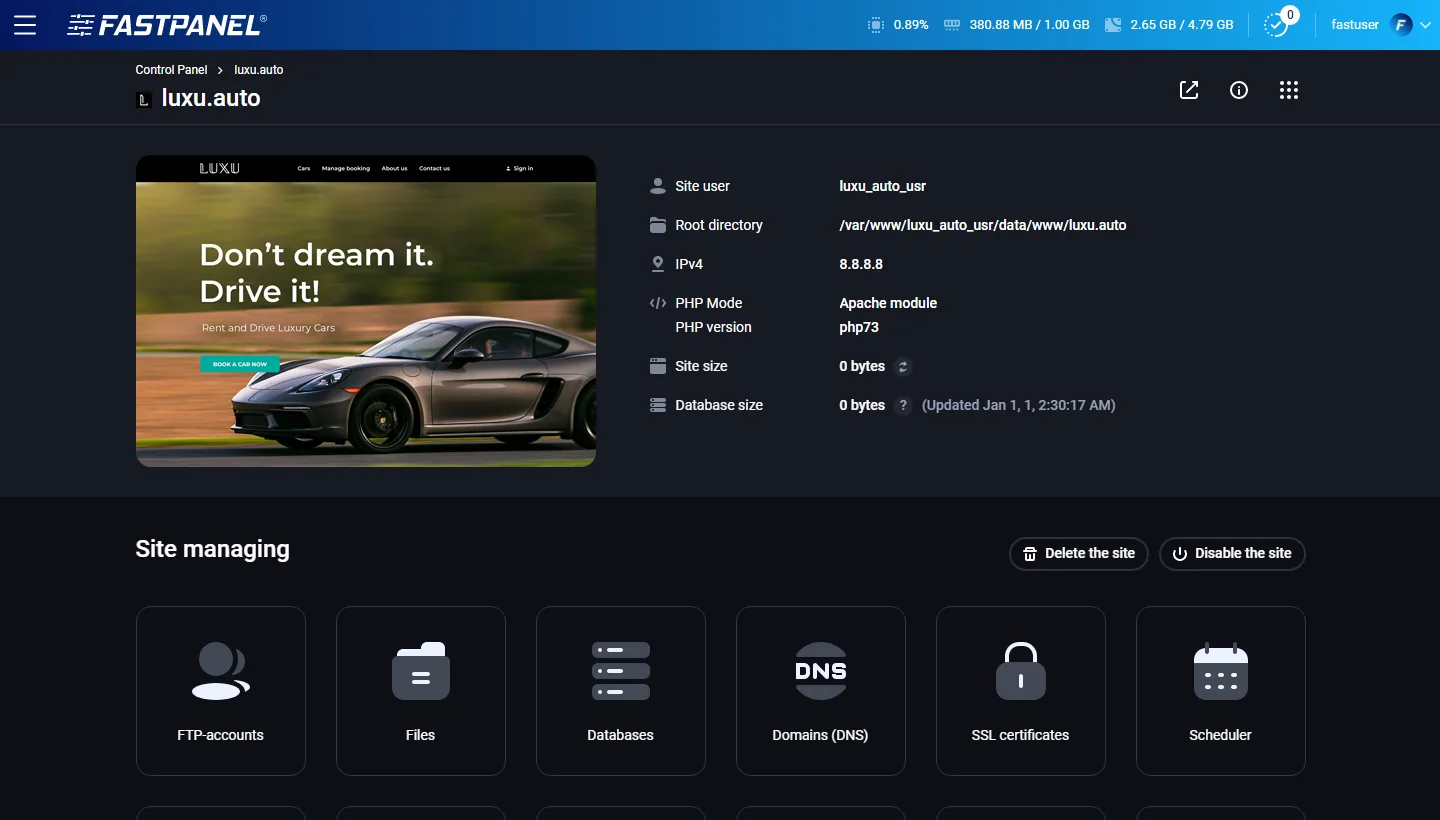 A FASTPANEL site card: site user, root directory, PHP mode and version, and shortcuts to files, databases, DNS, SSL certificates and the scheduler